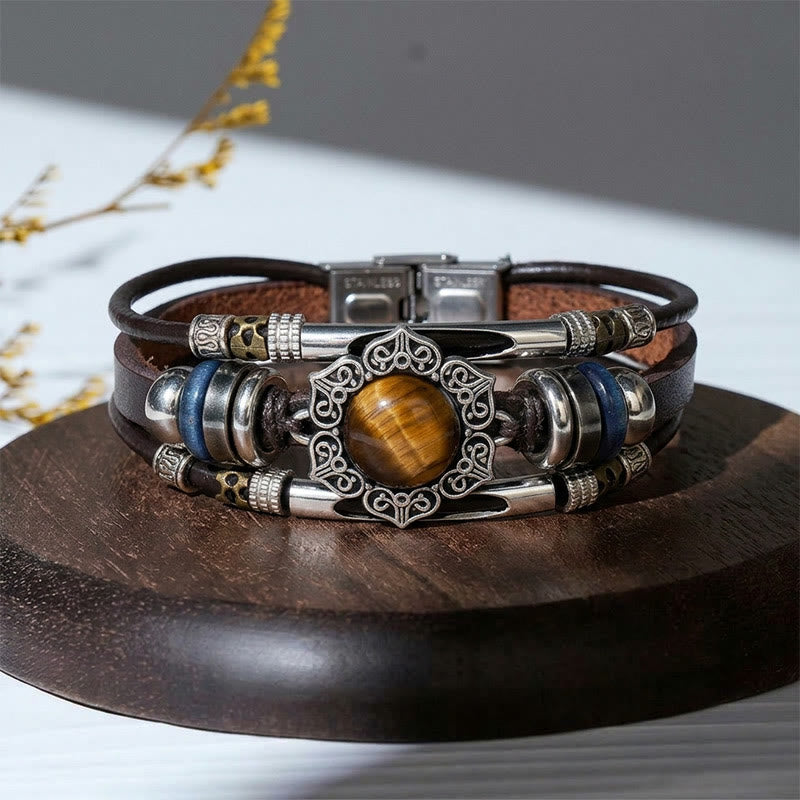 Bracelet vintage sud-ouest en acier inoxydable, cuir et pierre ovale naturelle - Style n° 3 - image 4