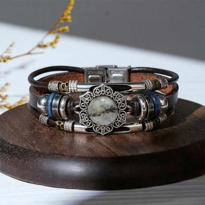 Bracelet vintage sud-ouest en acier inoxydable, cuir et pierre ovale naturelle - Style n° 4 - image 7