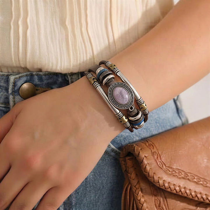 Bracelet vintage sud-ouest en acier inoxydable, cuir et pierre ovale naturelle - image 3