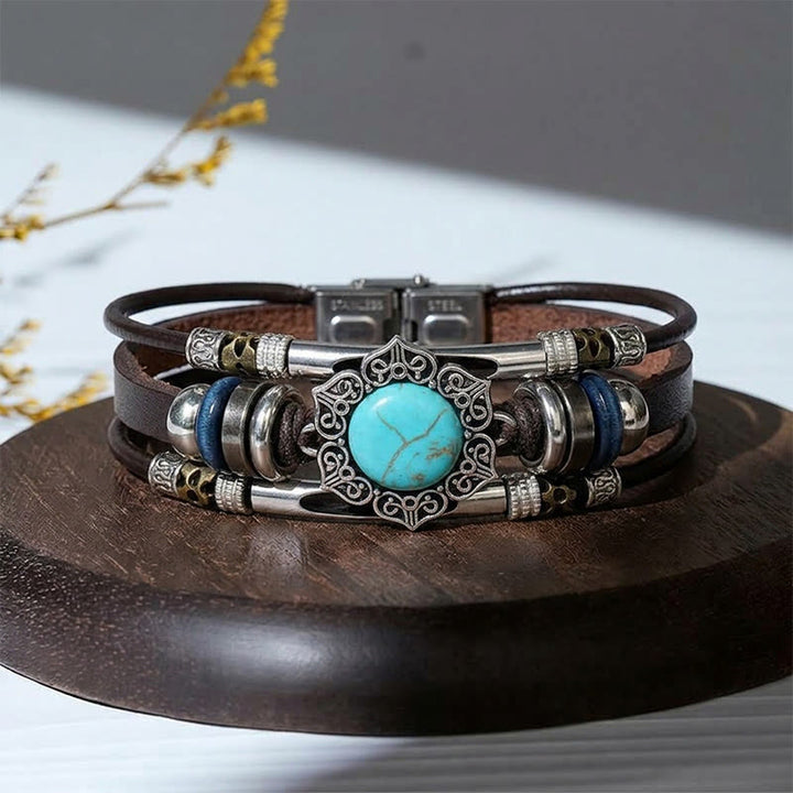 Bracelet vintage sud-ouest en acier inoxydable, cuir et pierre ovale naturelle - Style n° 1 - image 0