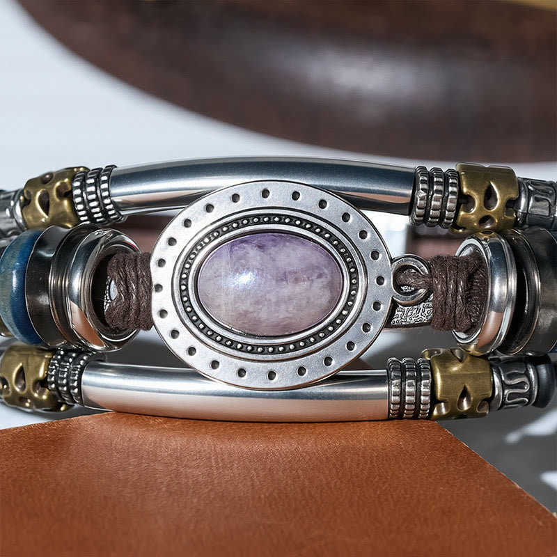 Bracelet vintage sud-ouest en acier inoxydable, cuir et pierre ovale naturelle - image 11