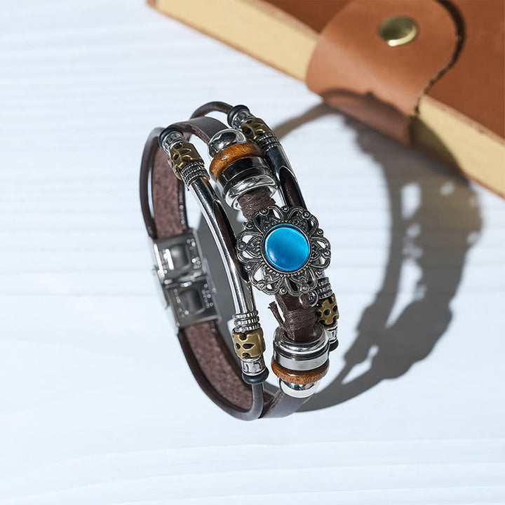 Bracelet en cuir et acier inoxydable multicouche orné de fleurs occidentales et de pierres précieuses - image 0