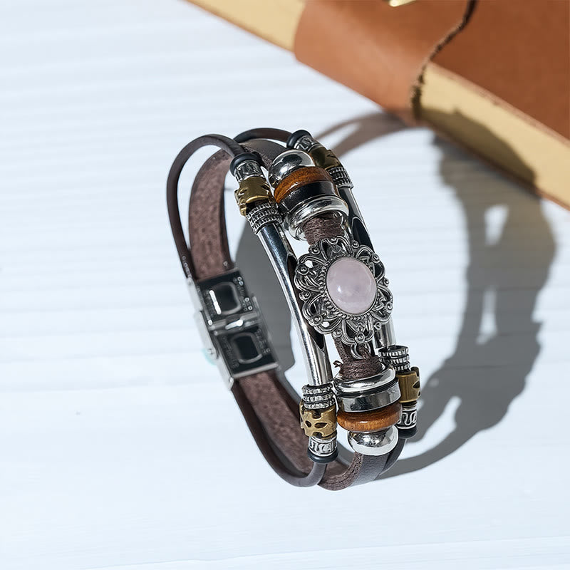 Bracelet en cuir et acier inoxydable multicouche orné de fleurs occidentales et de pierres précieuses - image 3