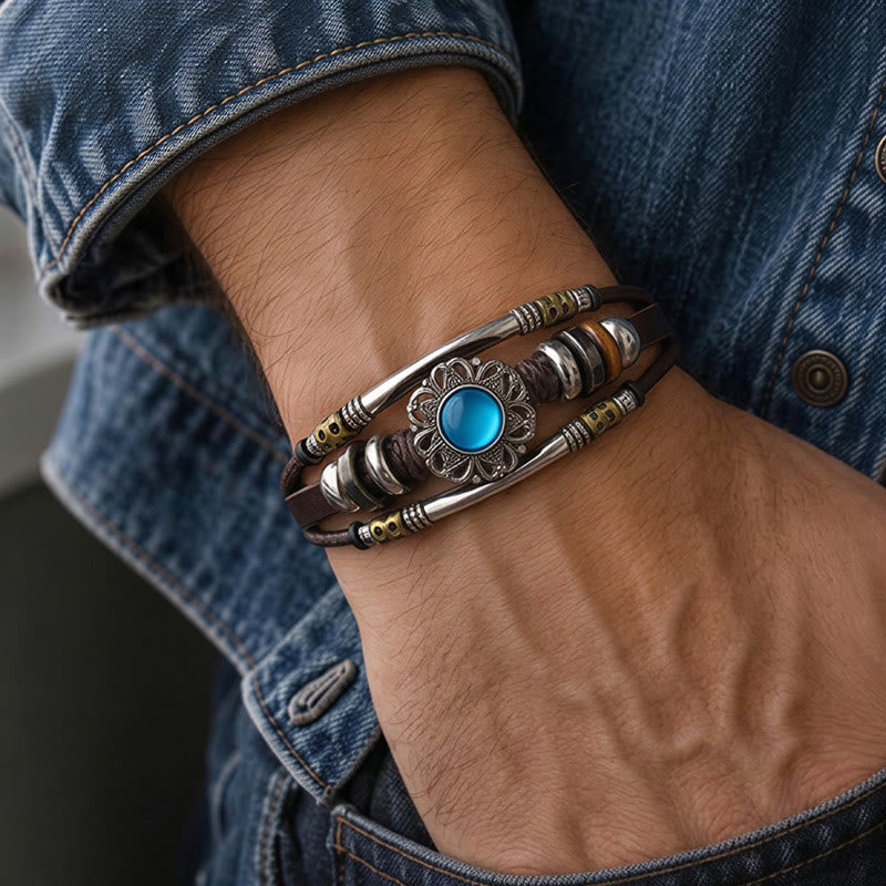 Bracelet en cuir et acier inoxydable multicouche orné de fleurs occidentales et de pierres précieuses - image 1