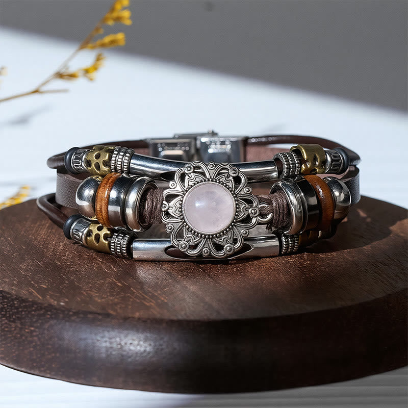 Bracelet en cuir et acier inoxydable multicouche orné de fleurs occidentales et de pierres précieuses - image 4