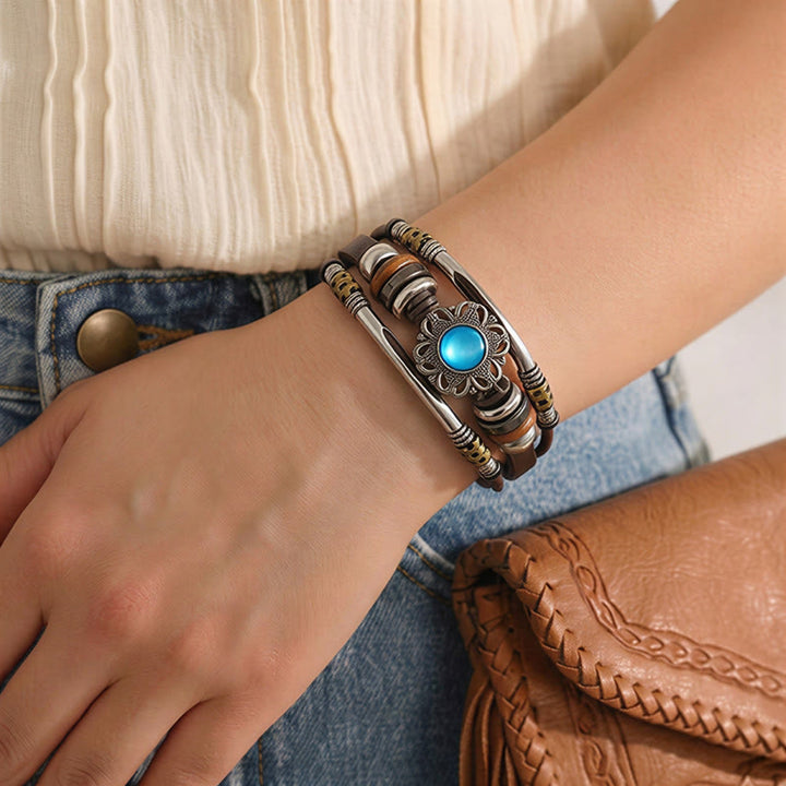 Bracelet en cuir et acier inoxydable multicouche orné de fleurs occidentales et de pierres précieuses - image 2