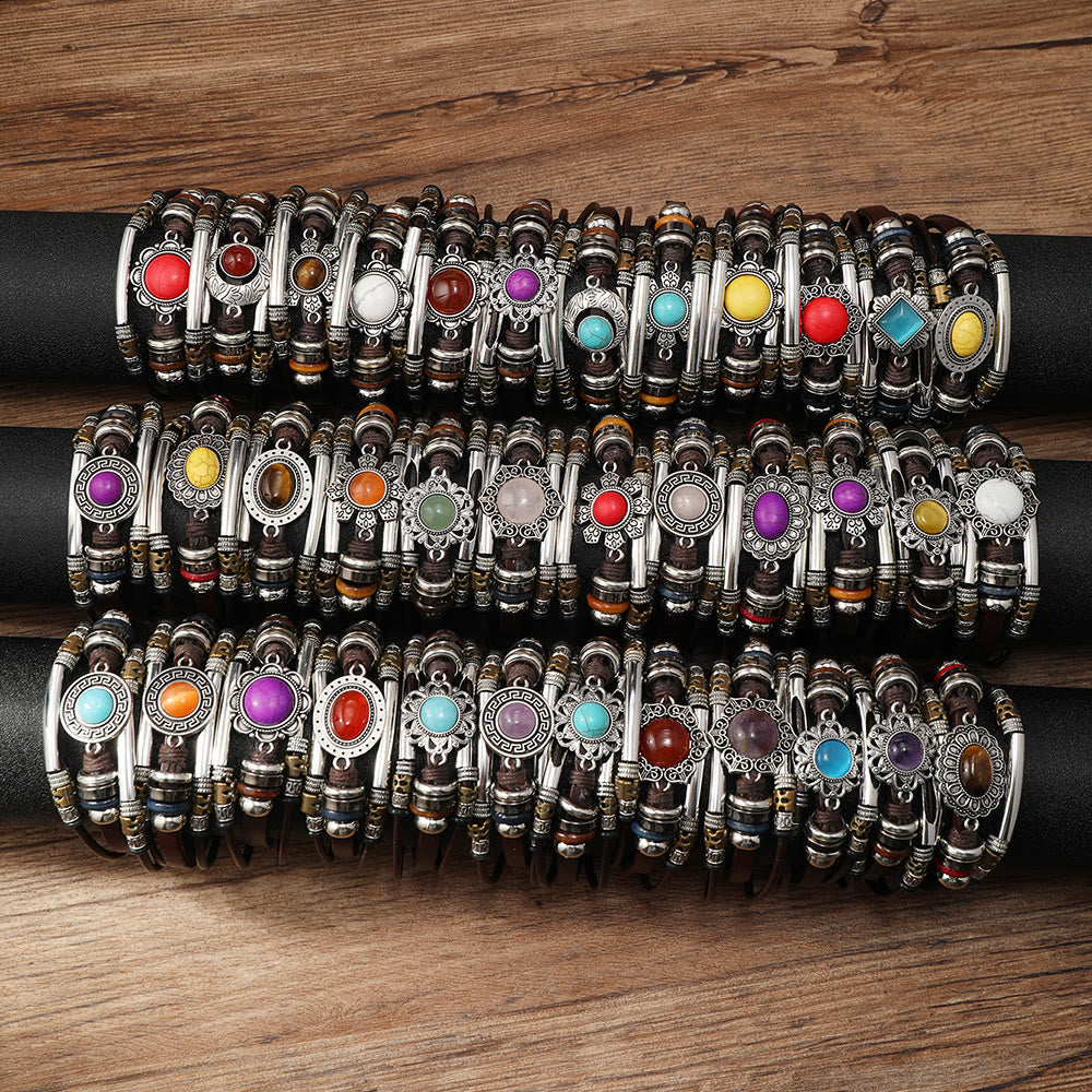 Bracelet vintage bohème en cuir filigrané orné de pierres œil-de-chat - Ensemble de 2 pièces (couleur/style aléatoire) - image 0