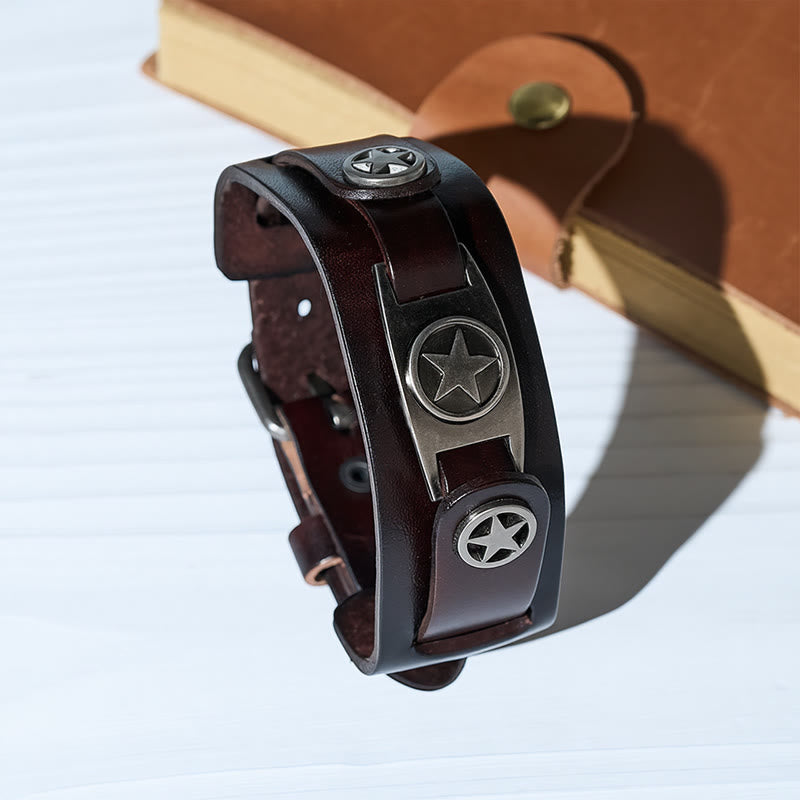 Bracelet manchette vintage en cuir clouté d'étoiles avec fermoir à épingle - Brun - image 3