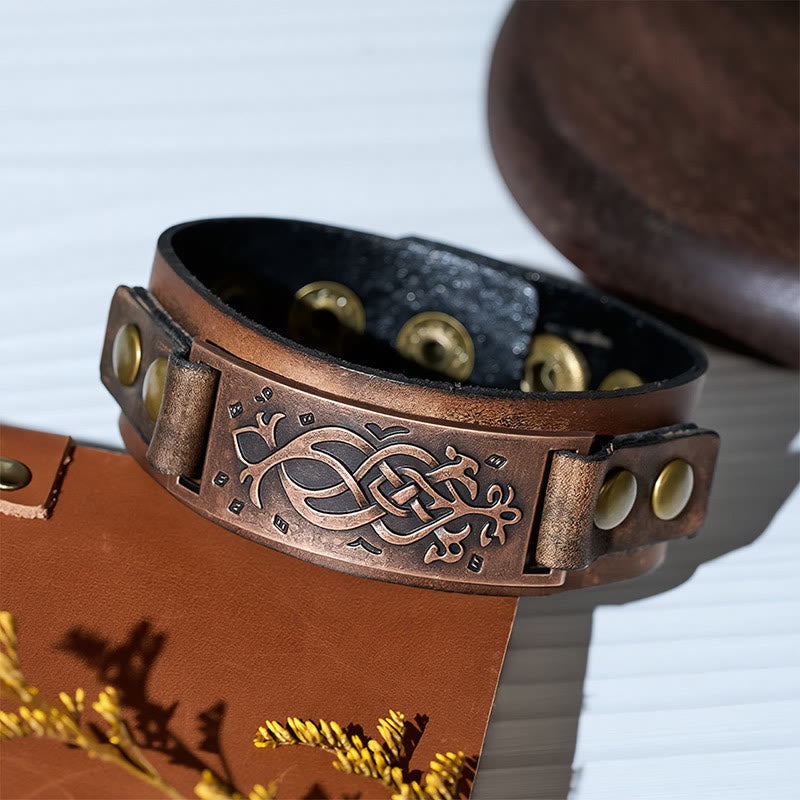 Bracelet manchette vintage en cuir vieilli avec nœud celtique - image 4