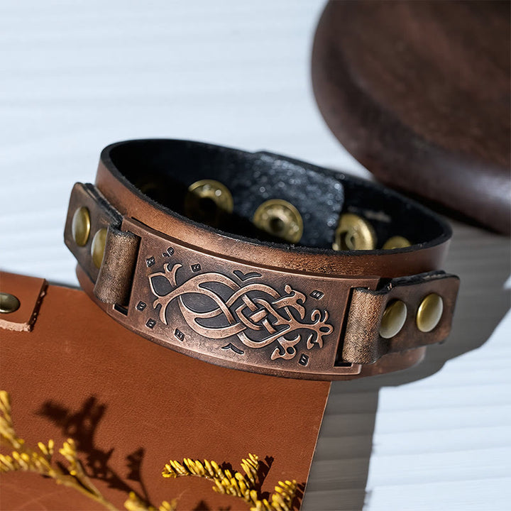 Bracelet manchette vintage en cuir vieilli avec nœud celtique - image 4
