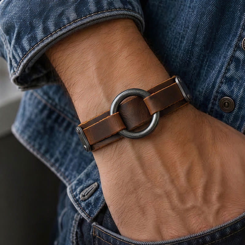 Bracelet de rue minimaliste vintage en cuir pour homme avec anneau en O - image 1
