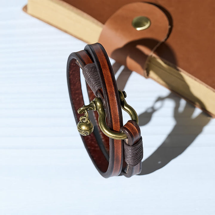 Bracelet vintage pour homme en cuir à deux tours avec fermoir en forme de fer à cheval - image 0