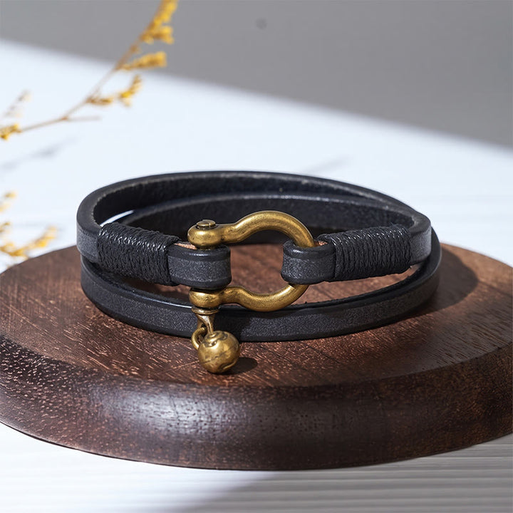 Bracelet vintage pour homme en cuir à deux tours avec fermoir en forme de fer à cheval - Noir - image 4