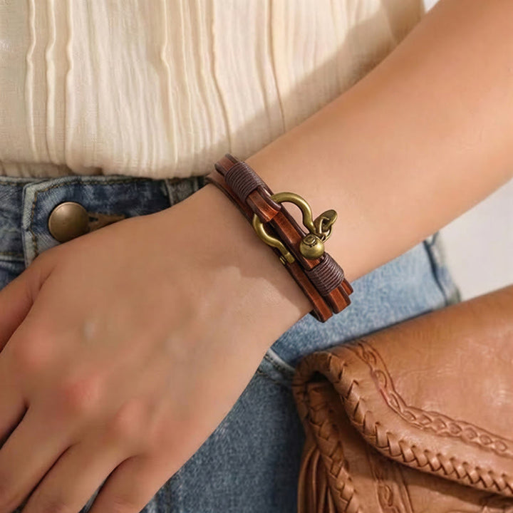 Bracelet vintage pour homme en cuir à deux tours avec fermoir en forme de fer à cheval - image 2