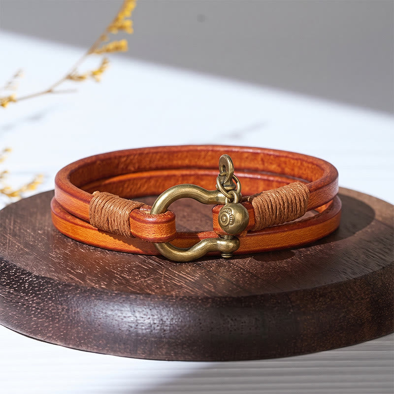 Bracelet vintage pour homme en cuir à deux tours avec fermoir en forme de fer à cheval - Jaune - image 3