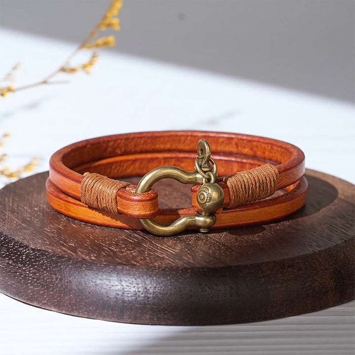 Bracelet vintage pour homme en cuir à deux tours avec fermoir en forme de fer à cheval - Jaune - image 3