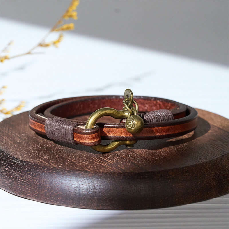 Bracelet vintage pour homme en cuir à deux tours avec fermoir en forme de fer à cheval - Brun - image 5