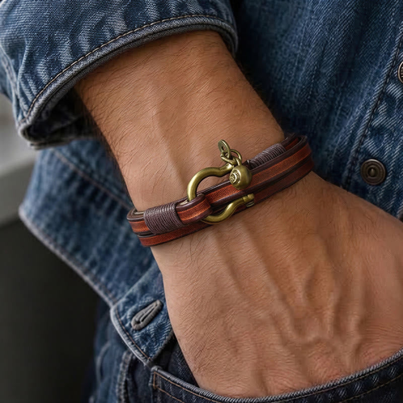 Bracelet vintage pour homme en cuir à deux tours avec fermoir en forme de fer à cheval - image 1
