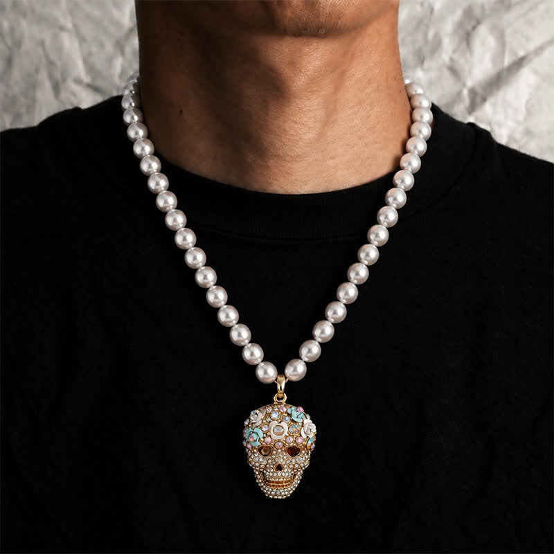 Collier de perles en cristal et strass à motif floral et tête de mort mexicaine - image 1
