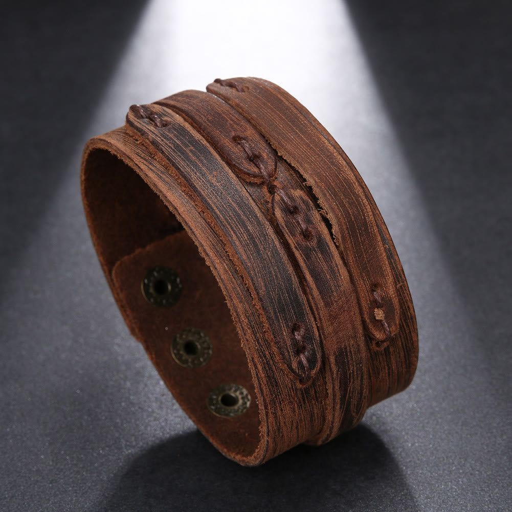 Bracelet manchette vintage en cuir large vieilli avec nœud - Brun - image 0