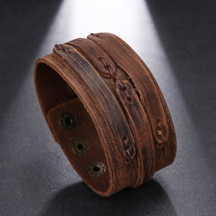 Bracelet manchette vintage en cuir large vieilli avec nœud - Brun - image 0