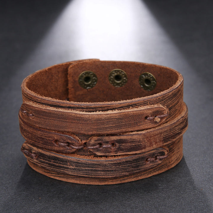 Bracelet manchette vintage en cuir large vieilli avec nœud - image 1