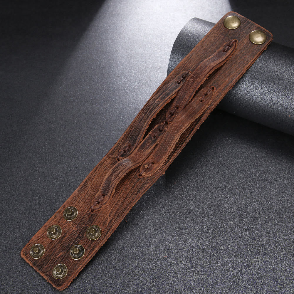 Bracelet manchette vintage en cuir large vieilli avec nœud - image 3