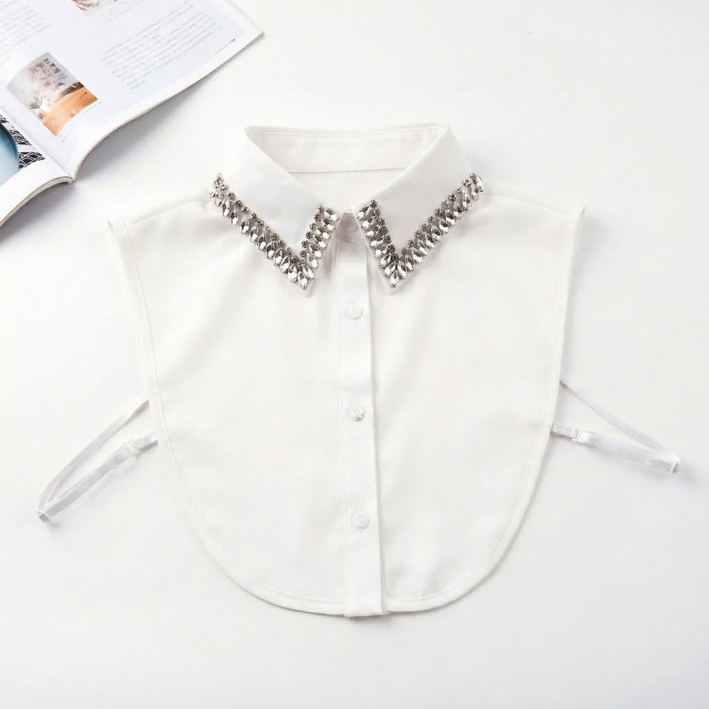Faux col pointu amovible en strass et cristal pour femme - Blanc - Taille unique - image 1