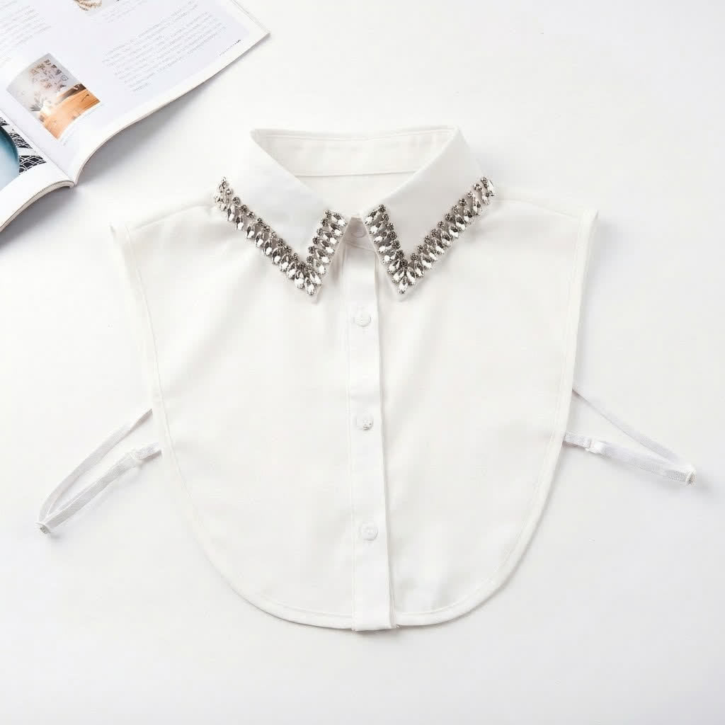 Faux col pointu amovible en strass et cristal pour femme - Blanc - Taille unique - image 1