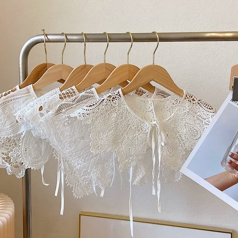 Capelette blanche en dentelle au crochet pour femme, faux col amovible - image 2