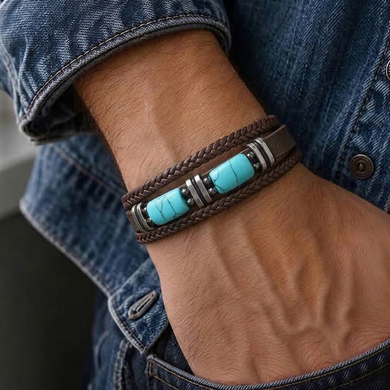Bracelet homme western en cuir tressé avec pierre turquoise - image 1