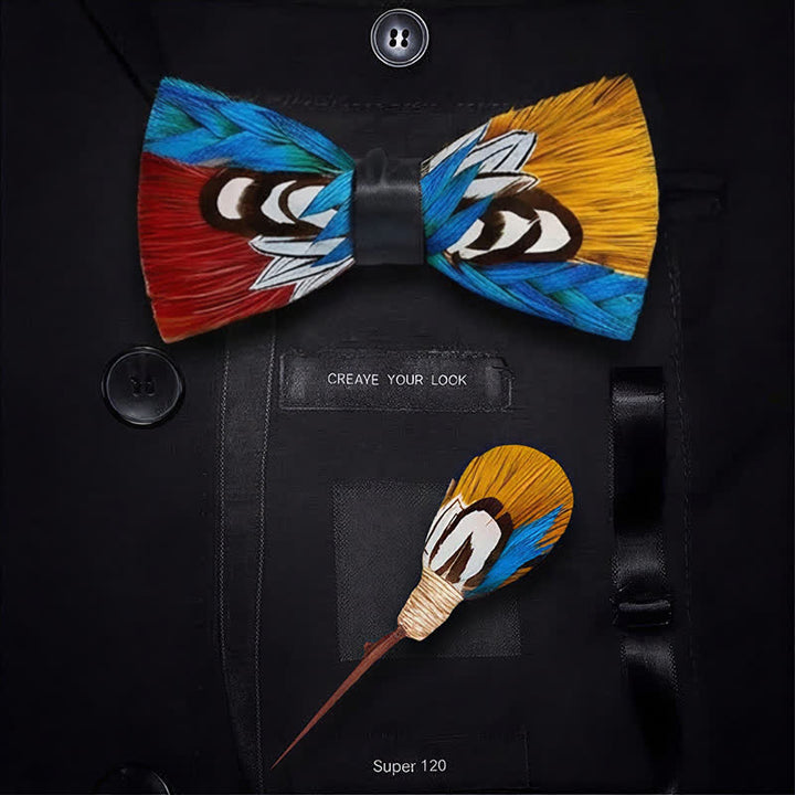 Nœud papillon bleu royal à plumes, motif faisan aurore cramoisi et doré, avec épingle à revers - image 5