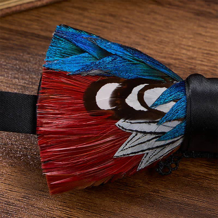 Nœud papillon bleu royal à plumes, motif faisan aurore cramoisi et doré, avec épingle à revers - image 3