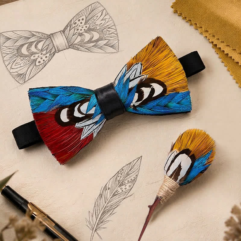 Nœud papillon bleu royal à plumes, motif faisan aurore cramoisi et doré, avec épingle à revers - image 0