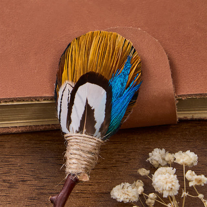 Nœud papillon bleu royal à plumes, motif faisan aurore cramoisi et doré, avec épingle à revers - image 4