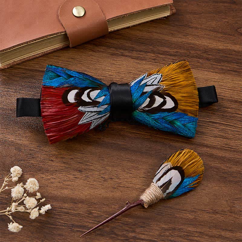 Nœud papillon bleu royal à plumes, motif faisan aurore cramoisi et doré, avec épingle à revers - Bleu, cramoisi et doré - image 2
