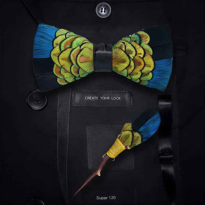Nœud papillon bleu et noir à plumes de paon avec épingle à revers - image 5