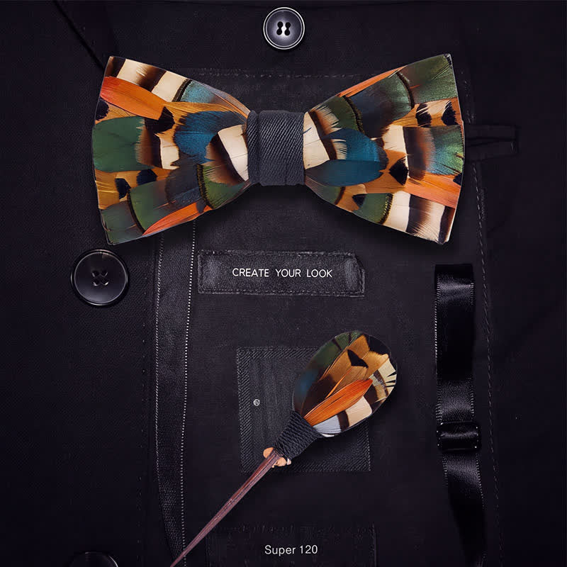 Nœud papillon à plumes mosaïque automnale orange rouille et vert olive avec épingle à revers - image 5