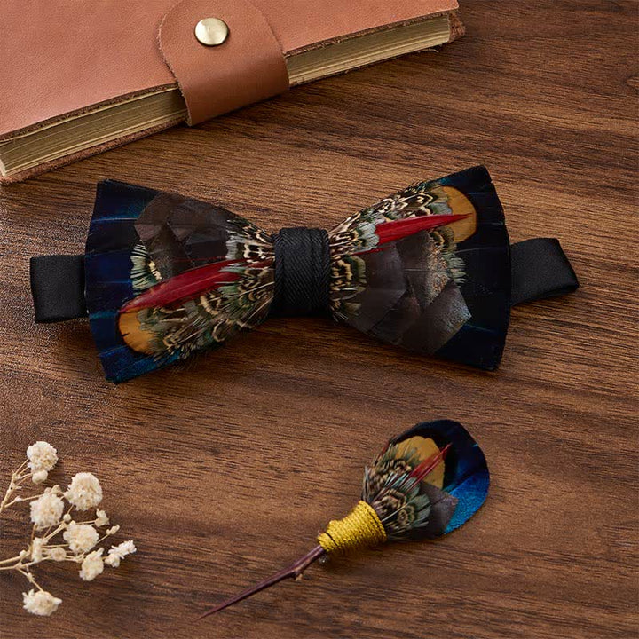 Nœud papillon à plumes marron chocolat et bleu nuit avec épingle à revers - Brun chocolat et bleu nuit - image 2