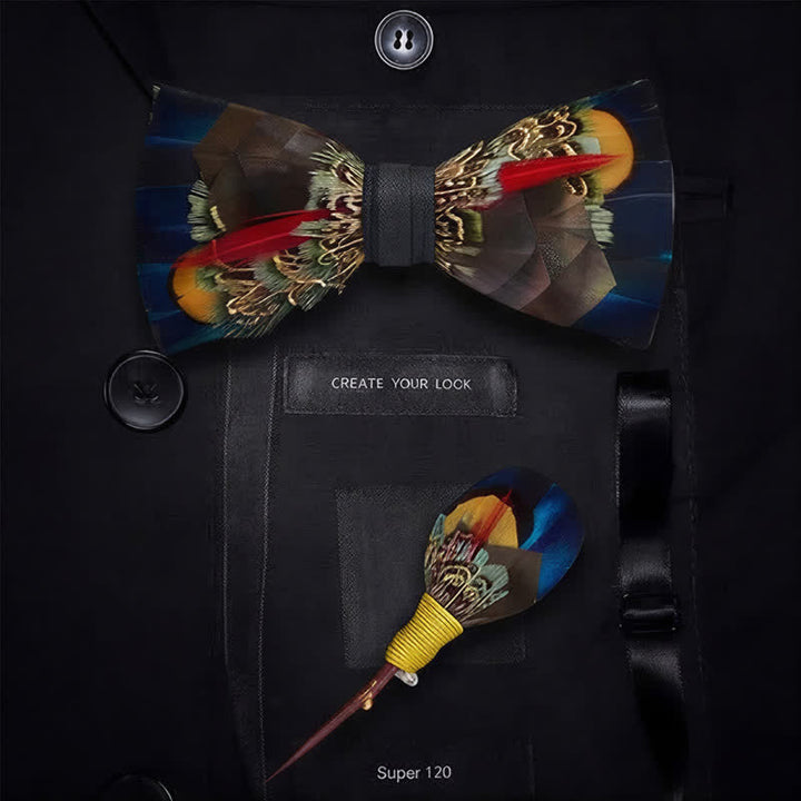 Nœud papillon à plumes marron chocolat et bleu nuit avec épingle à revers - image 5