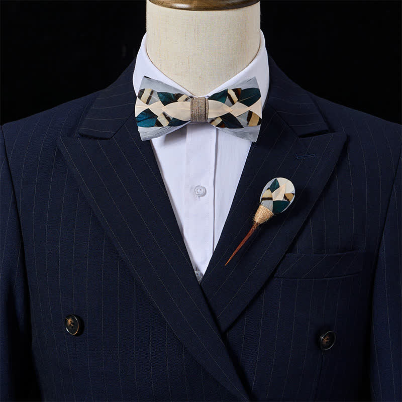 Nœud papillon géométrique côtier gris ardoise et turquoise à plumes avec épingle à revers - image 1