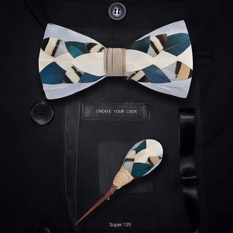 Nœud papillon géométrique côtier gris ardoise et turquoise à plumes avec épingle à revers - image 5