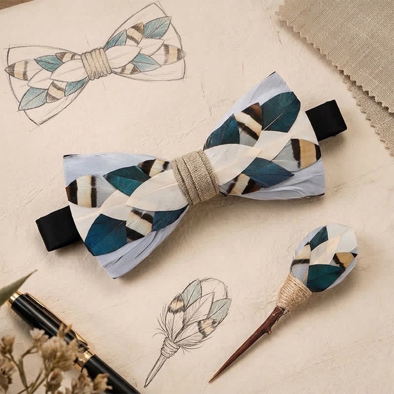 Nœud papillon géométrique côtier gris ardoise et turquoise à plumes avec épingle à revers - image 0