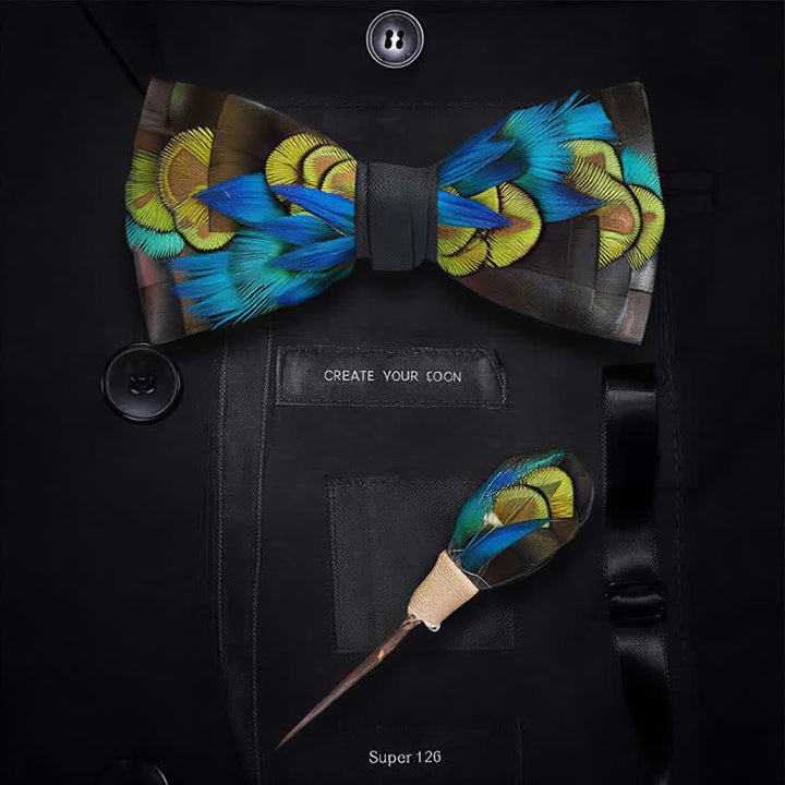 Nœud papillon noir de jais et bleu nuit à plumes de paon avec épingle à revers - image 5