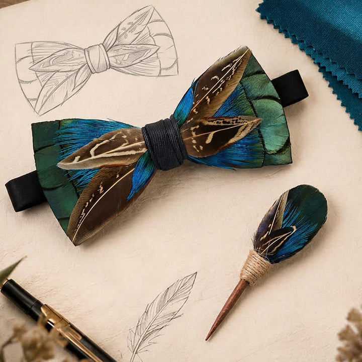 Nœud papillon Woodland Noble Feather vert forêt et brun faisan avec épingle à revers - image 0