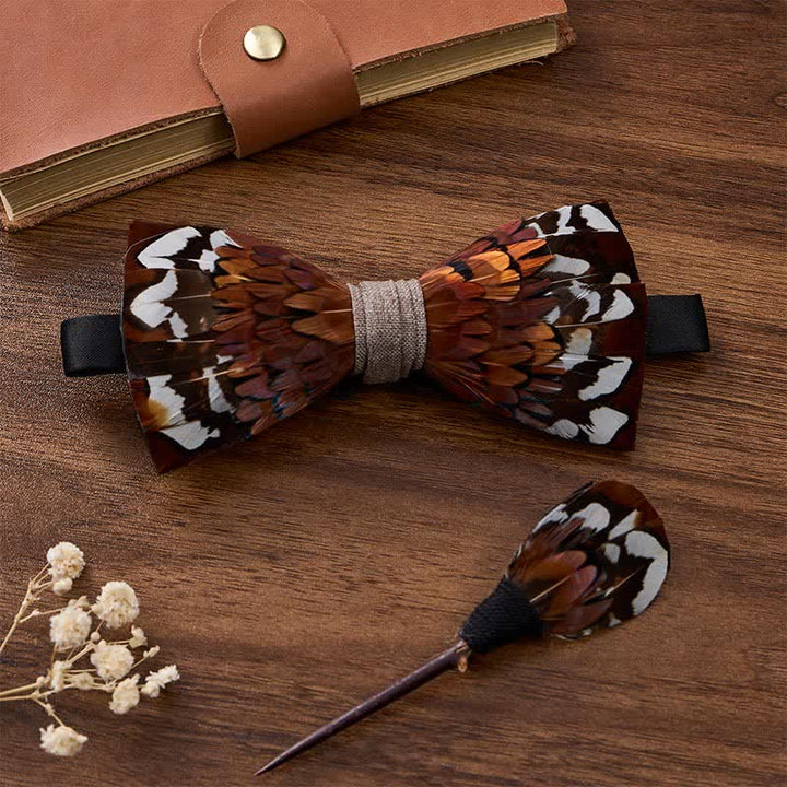 Nœud papillon marron châtaigne d'automne en plumes de faisan avec épingle à revers - Brun - image 2