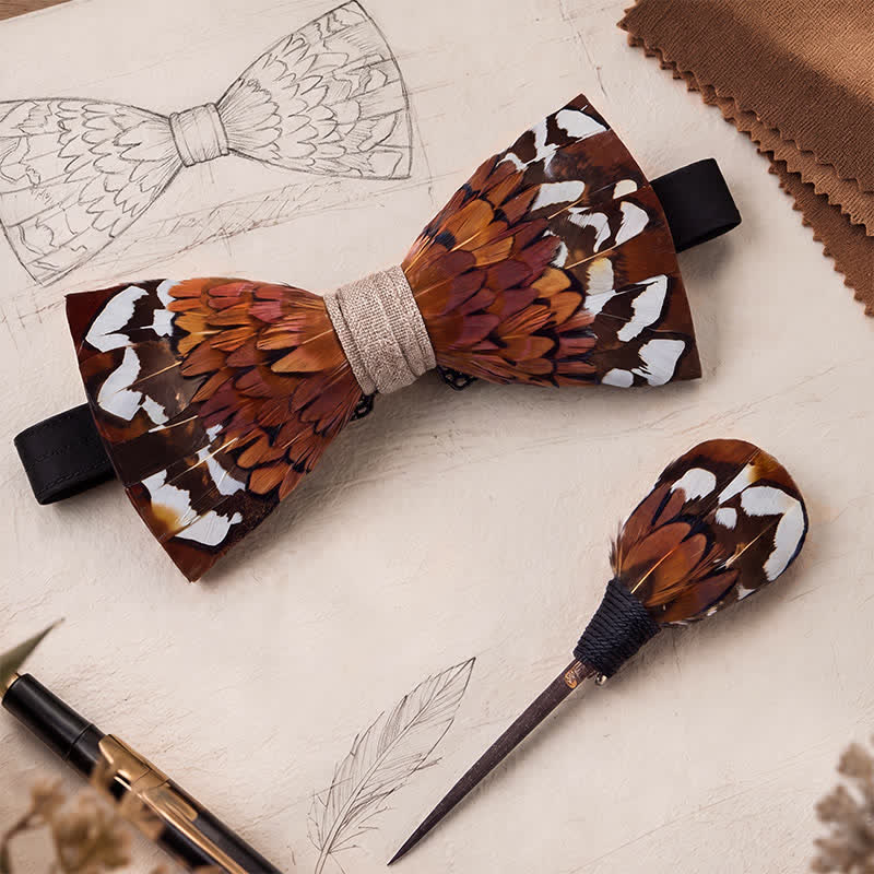 Nœud papillon marron châtaigne d'automne en plumes de faisan avec épingle à revers - image 0