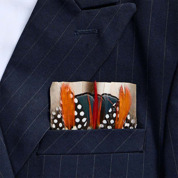 Pochette de costume à pois orange brûlé et turquoise à motif de plumes - Orange et turquoise - image 0
