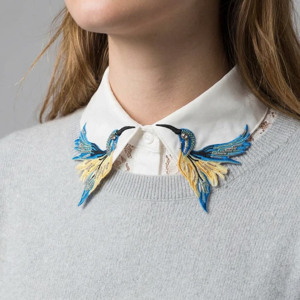 Faux col brodé colibri coloré pour femme - image 0