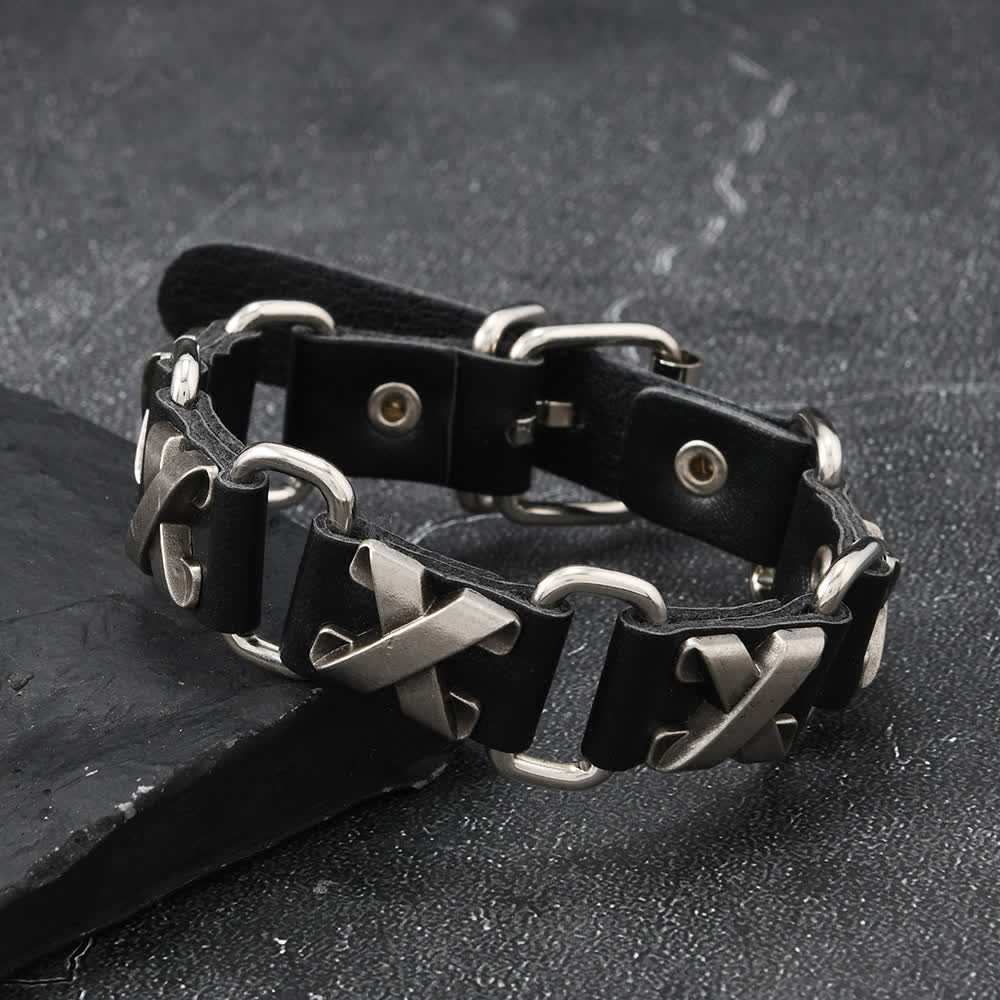 Bracelet en cuir PU clouté style gothique punk heavy metal - Goujons en X - image 2